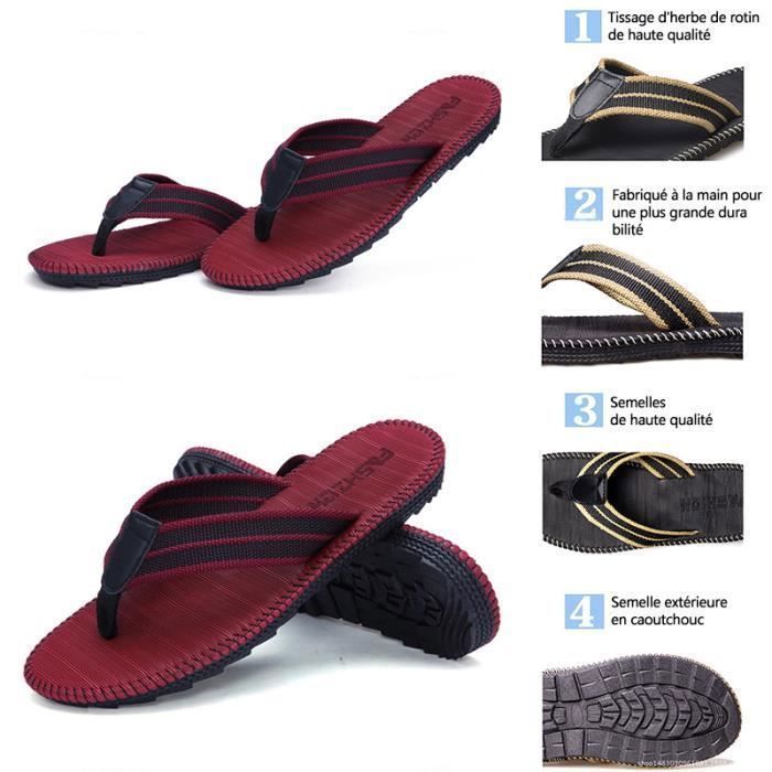 Tongs Homme,Lacets tissés en Lin à la Main Mixte adapté de Vacances,Tongs Homme de Piscine et Plage Antidérapante-Rouge