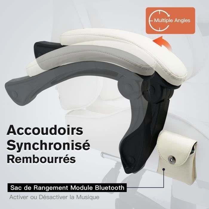 Silla gaming, silla de oficina con reposapiés, altavoz Bluetooth y reposabrazos sincronizados (blanca)