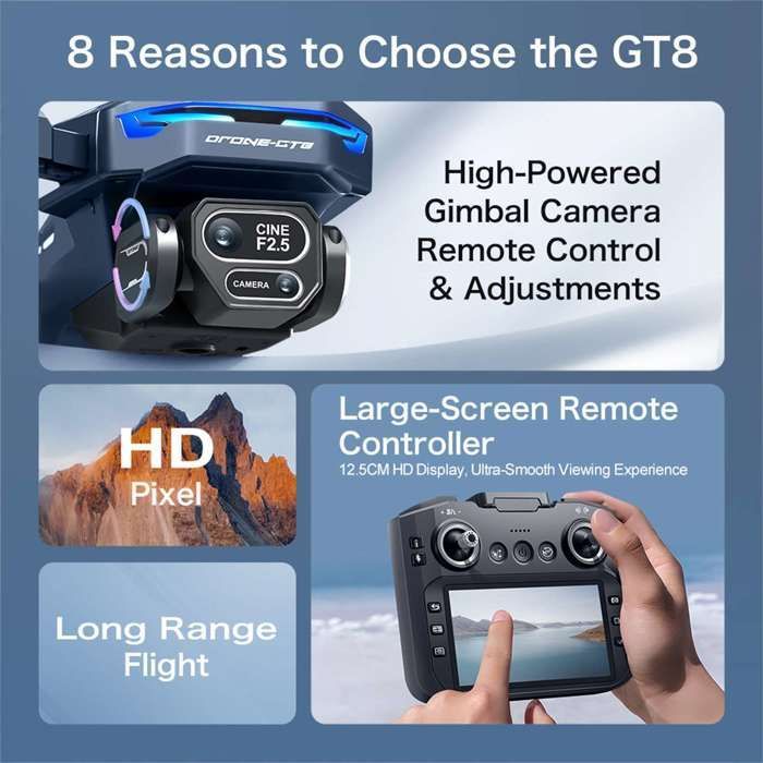 Dron con cámara HD, pantalla de control remoto, sistema para evitar obstáculos, motor sin escobillas y 3 baterías.