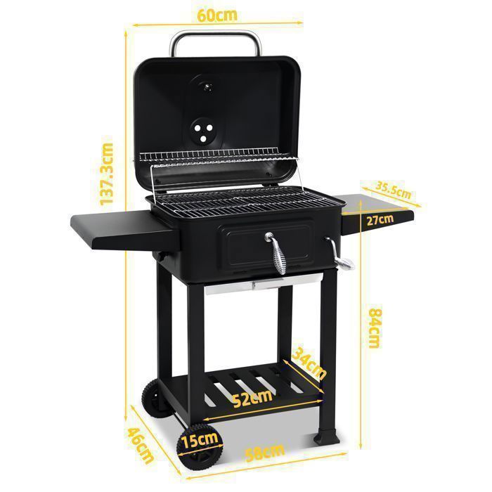 Houtskoolbarbecue met deksel, onderstel met thermometer, verstelbare houtskoolbak, 2 zijplanken, schoonmaakborstel, zwart