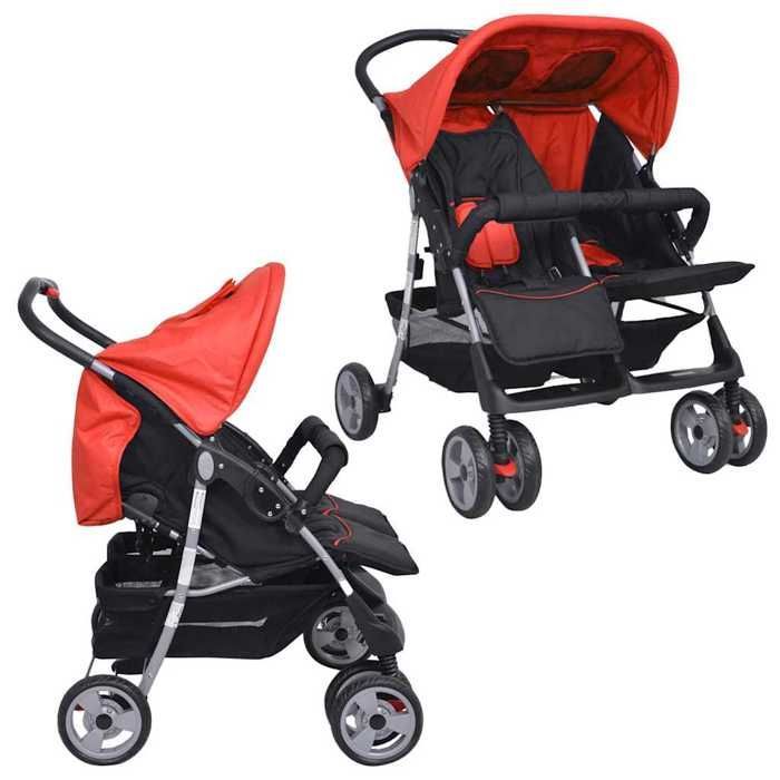 Double stroller - vidaXL - Steel - Red and black - Adjustable backrest - Lockable wheels