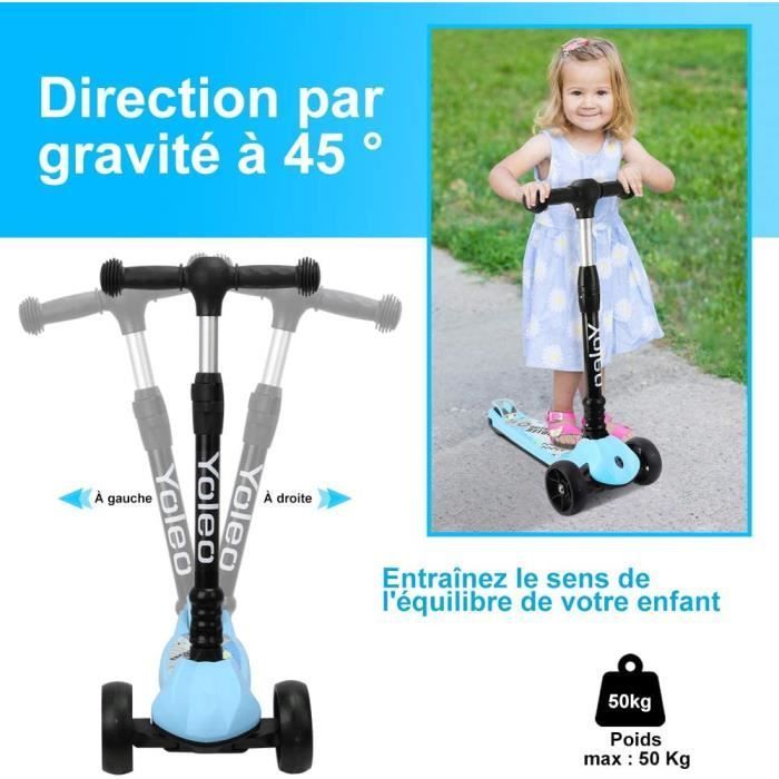 Trottinette Enfants - YOLEO - Pliable 3 Roues - Hauteur Réglable 61-81 cm - Antidérapant - LED Roues