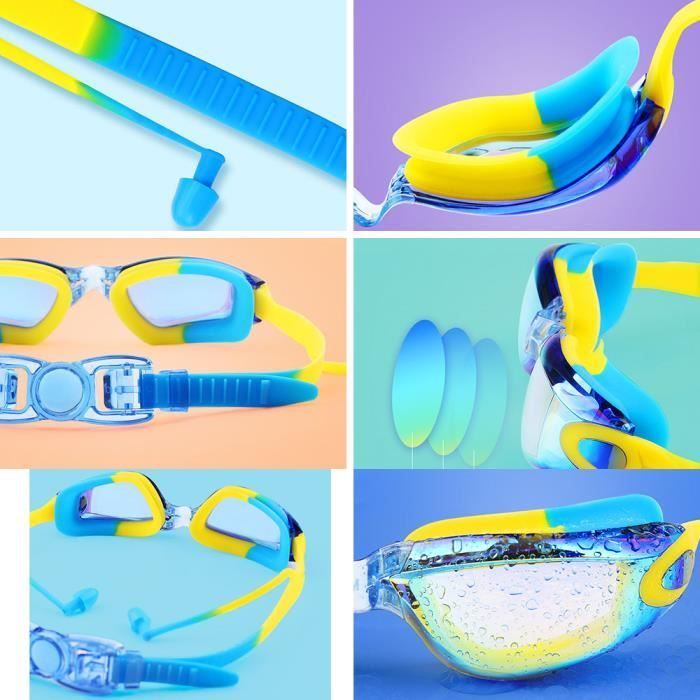 Set di occhialini da nuoto rosa e blu per bambini unisex, anti-UV, antiappannamento, con cuffia e tappi per le orecchie.