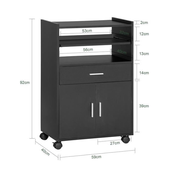 Carrito de cocina SoBuy con ruedas, encimera extensible, 1 cajón, 2 estantes y mueble para microondas, color negro, 59x40x92 cm.