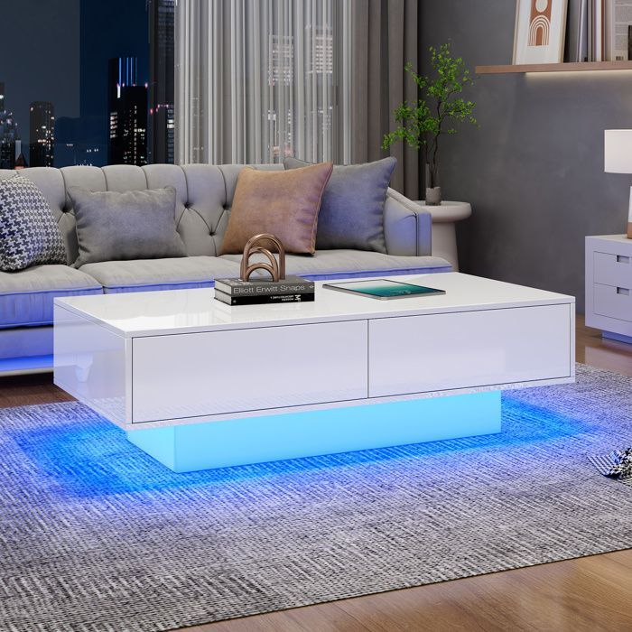 Modern coffee table with 2 storage drawers and LED lighting, living room furniture, 115x55x34cm, glossy white