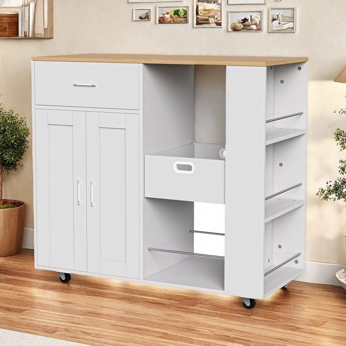 Carrito de cocina con ruedas - 102x46x92 cm - 2 puertas - 1 cajón - Blanco