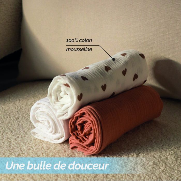 Set of 3 baby muslin squares, absorbent and breathable - 100% cotton muslin - 30 x 30 cm - Heart - Monsieur Bébé