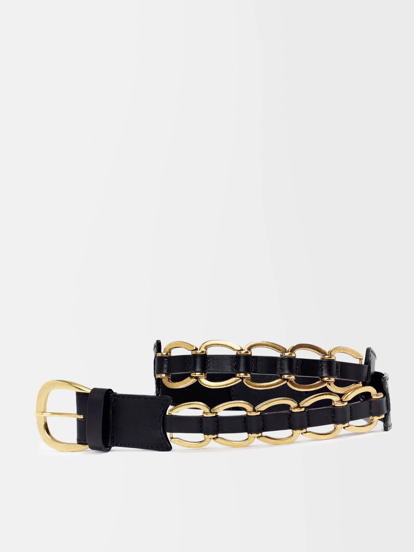 Leren riem met gouden ringen - Zwart
