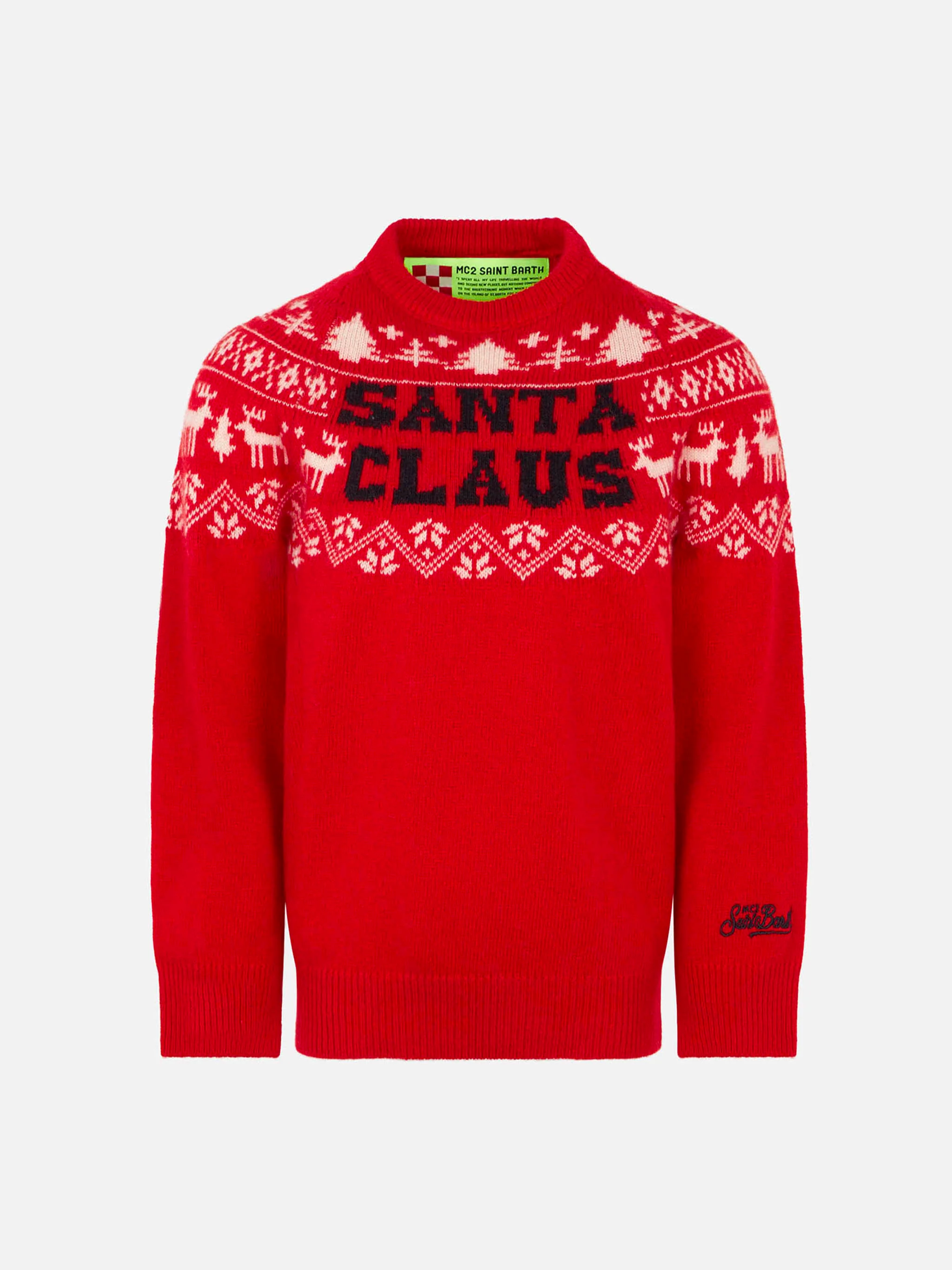 Rode trui voor kinderen met print van de Noorse kerstman.