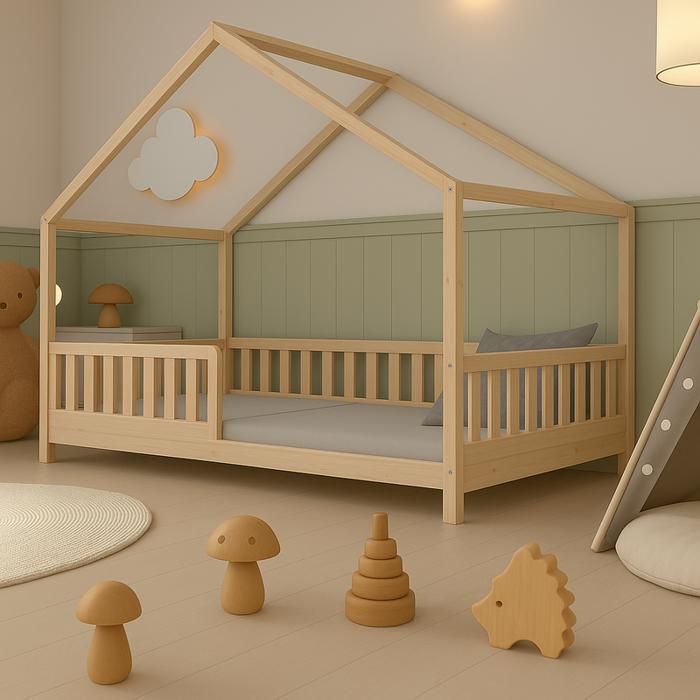 Lit cabane enfant 90x190 cm - Bois - Sommier à lattes inclus - Style Enfant