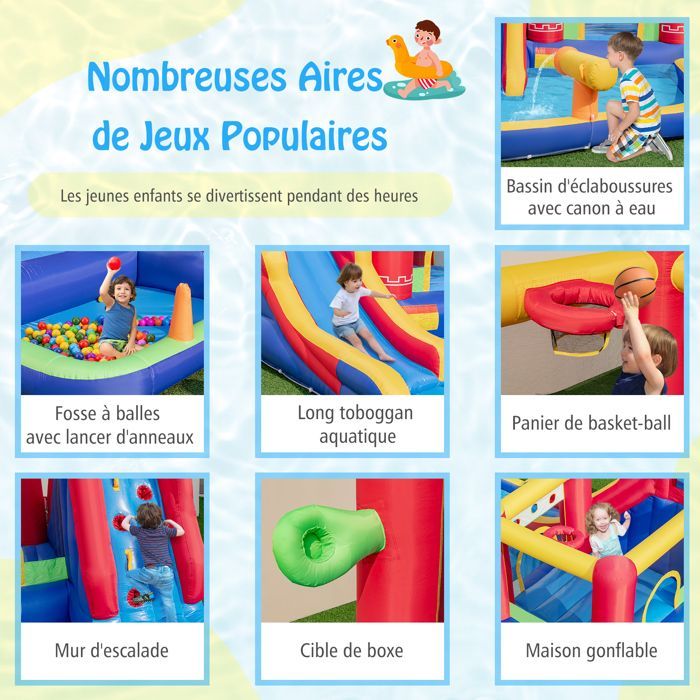 DREAMADE 9-in-1 opblaaskasteel voor kinderen met 680W blower, glijbaan, trampoline, zwembad, 50 ballen, waterkanon en klimwand