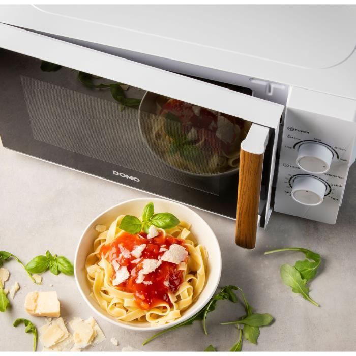 Horno microondas DOMO DO2720 - 20 L - 700 W - Temporizador de 35 minutos - Función de descongelación - 44 x 35,8 x 25,8 cm (ancho x profundidad x alto) - Blanco con acabado de madera