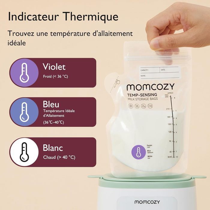 Momcozy Sachets congélation lait maternel 250 ml, indicateur température,60 unités autostables,pré-stérilisés, recyclables sans BPA