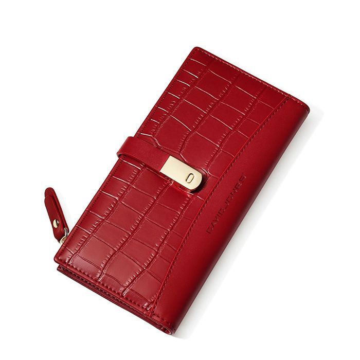 David Jones - Cartera de mujer de gran capacidad - Monedero largo de piel sintética, tarjetero elegante y moderno - Rojo