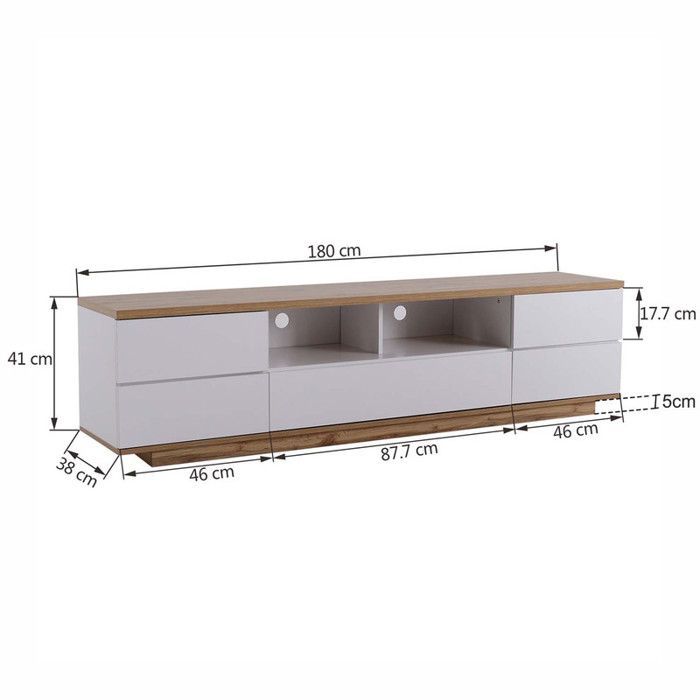 MODERNLUXE 180 cm puinen TV-taso - 5 ovea, 8 lokeroa - moderni tyyli - luonnonvärinen ja valkoinen