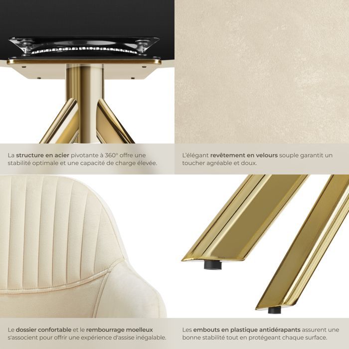 Chaise - TECTAKE - Fauteuil LONA pivotant à 360° avec rembourrage épais et dossier arrondi 56 x 59 x 81 cm - Crème/Or