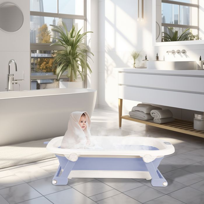 Bañera para recién nacidos - MIPAN - Bañera plegable para bebés - Con soporte + alfombrilla de baño + termómetro + juguete - Azul
