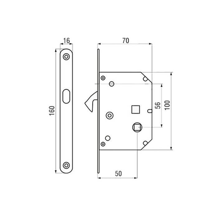 Sliding door lock with hook, 50mm backset, round rosettes, deadbolt + finger pulls + strike plate