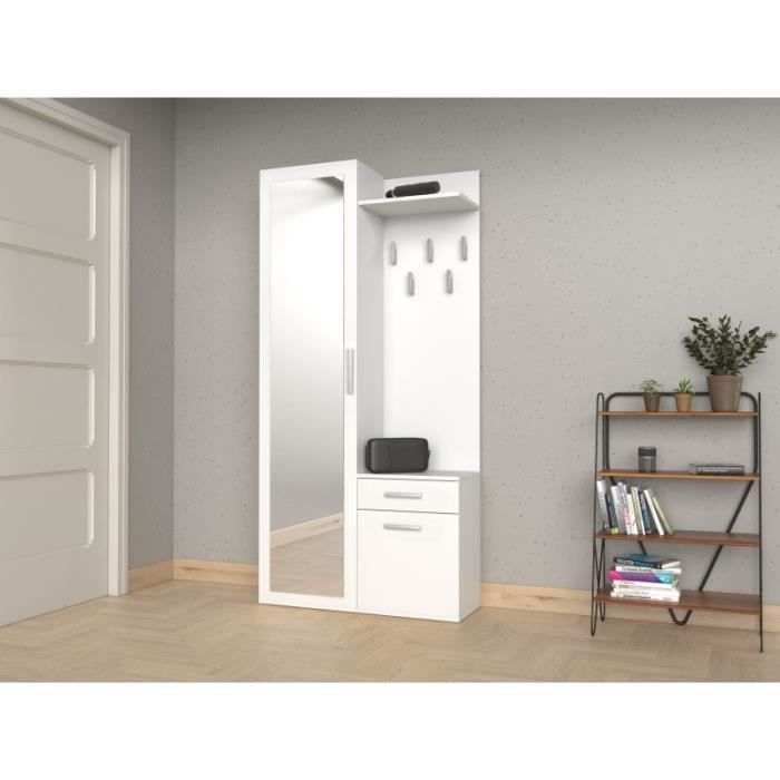 SHEILA - Hallway with mirror - Wardrobe + coat rack - Shoe storage + mirror + hooks - White