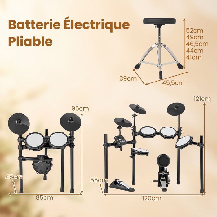 Batería electrónica GYMAX, set de batería electrónica con tambor, caja, 3 platillos, baquetas y auriculares.
