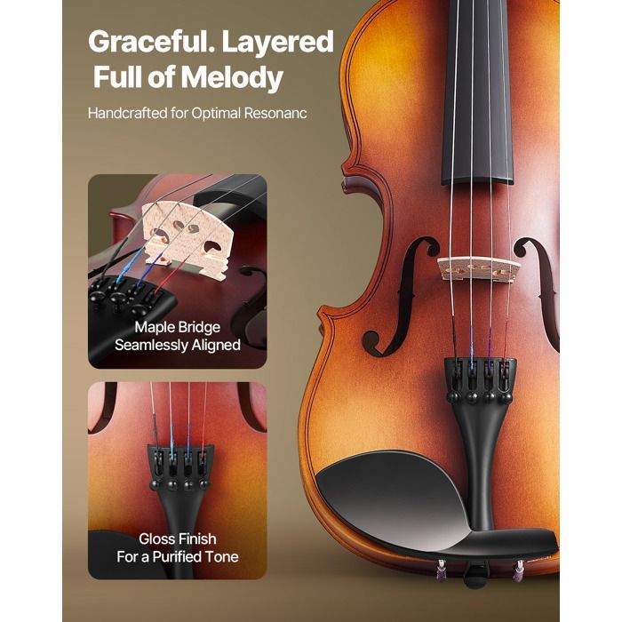 Violín de tamaño 3/4 - VEVOR - Kit para principiantes - con estuche, resina, arco, soporte para el hombro, puente, afinador y cuerdas de repuesto - Marrón