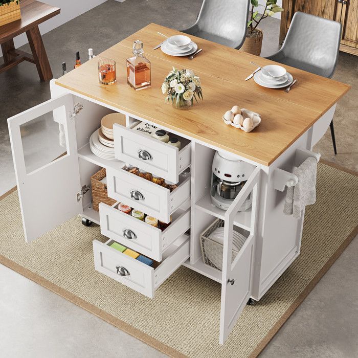 Îlot de cuisine - Blanc/Noir - Extensible - Roulettes - Porte-serviettes - Étagères réglables