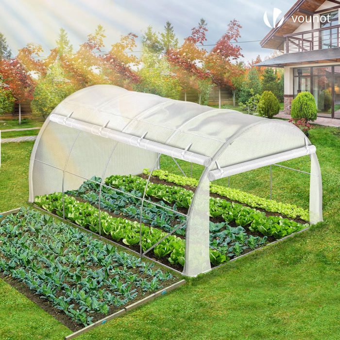 VOUNOT® Serre de jardin tunnel Toute Saison 12m² blanc - acier galvanisé - fenêtres et portes latérales zippées enroulables
