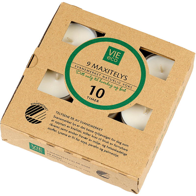 Vie Eco Maxi theelichtjes, 9 stuks, 10 uur brandtijd, Nordic Ecolabel Vie Eco