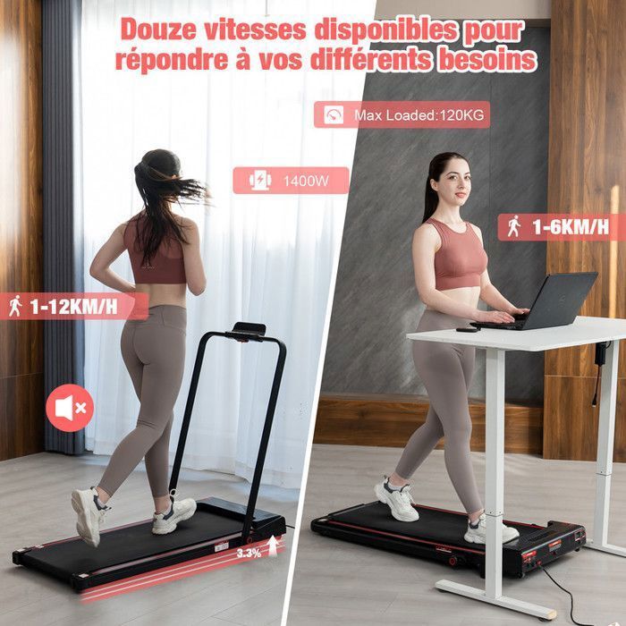 Tapis de Course Pliable et Inclinaible jusqu'à 3.3%,CITYSPORTS ZX2.Moteur 1400W,Vitesse 1-12km/h,Noir avec Rouge