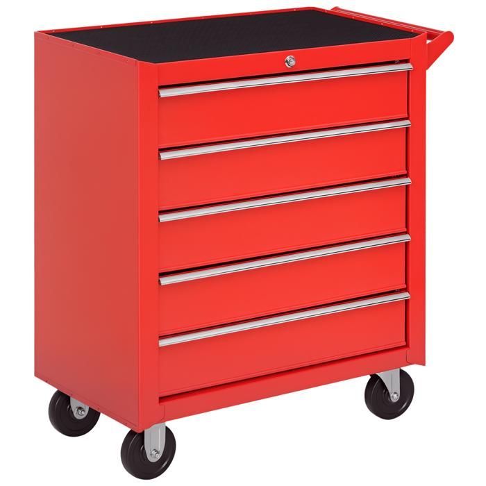Carro de taller - DURHAND - carro de herramientas con ruedas, 5 cajones, resistente a los arañazos, con cerradura - acero - rojo