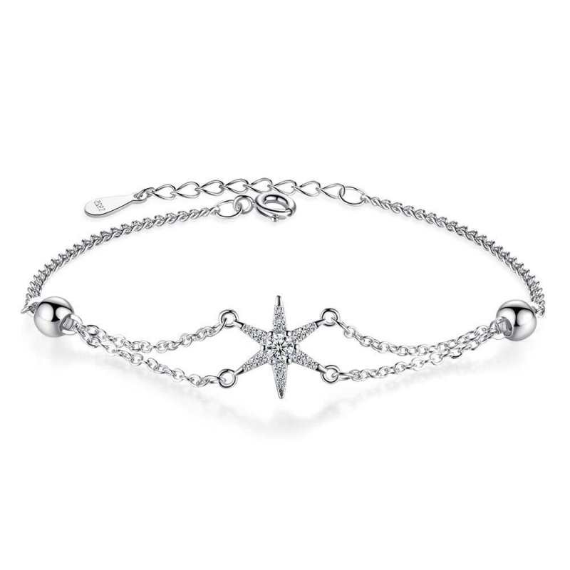 Pulseira Specier em Prata de Lei 925 com Cristais em Formato de Estrela e Contas Sólidas, Ajustável e Elegante - Joia da Moda para Mulheres - Promoção Imperdível