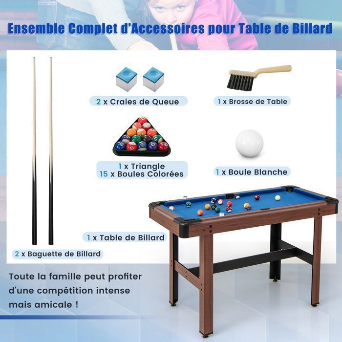 Mesa de billar compacta COSTWAY de 122 cm - 16 bolas - 2 tacos - Triángulo - Cepillo - 2 tizas - Superficie de terciopelo - Patas ajustables - Azul