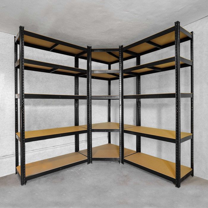 Estantería esquinera negra de alta resistencia - Metal, 5 estantes - Capacidad de 875 kg - 180x75x40cm - Estantería esquinera - Garaje, taller, sótano