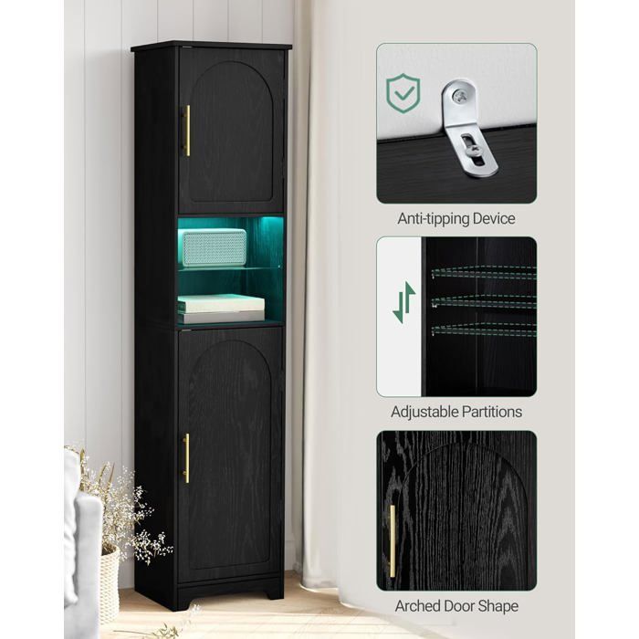 Armoire de Salle de Bain avec Éclairage LED, Deux Portes de Meuble et Étagères Réglables, pour Salle de Bain, Salon, Buanderie,