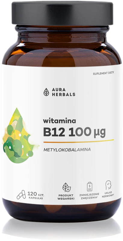 Cápsulas de suplemento alimentar de vitamina B12 100 µg (metilcobalamina) da Aura Herbals para fortalecer a imunidade, reduzir o cansaço e a fadiga.