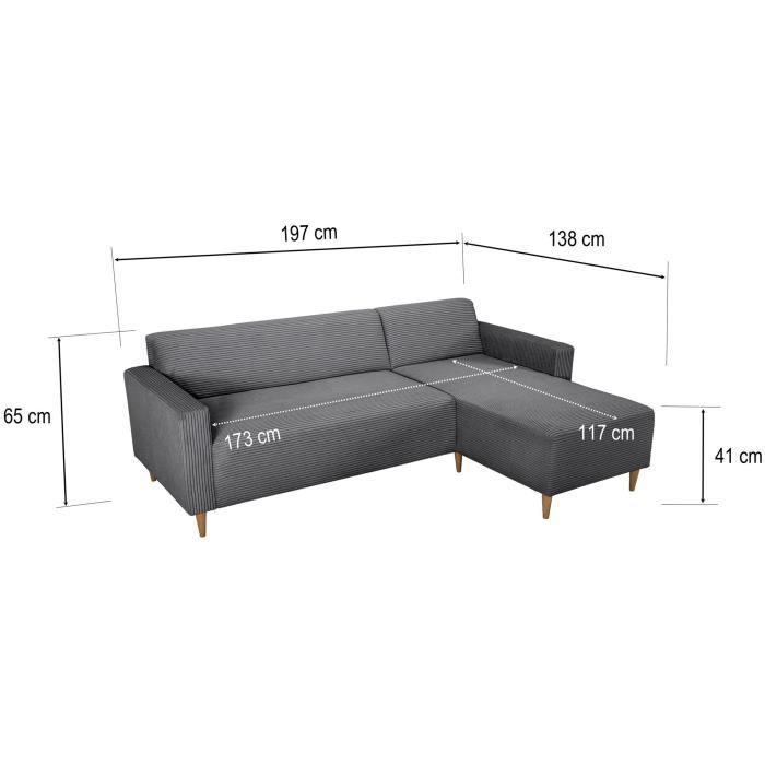 Canapé d'angle fixe réversible - 4 places - BOB - Velours cotelé Anthracite - 197 x 138 x 65 cm