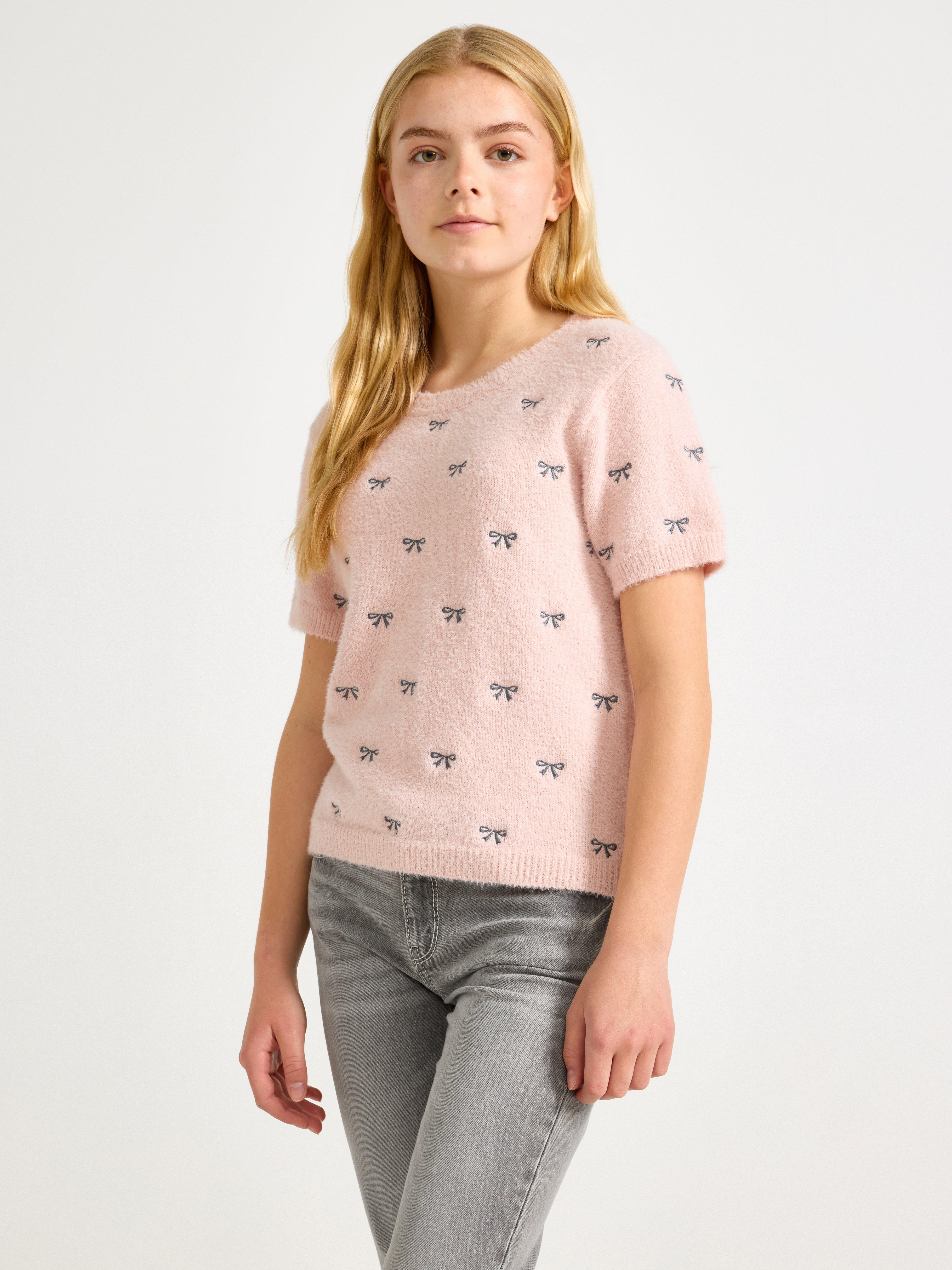 Blusa de malha de manga curta rosa claro
