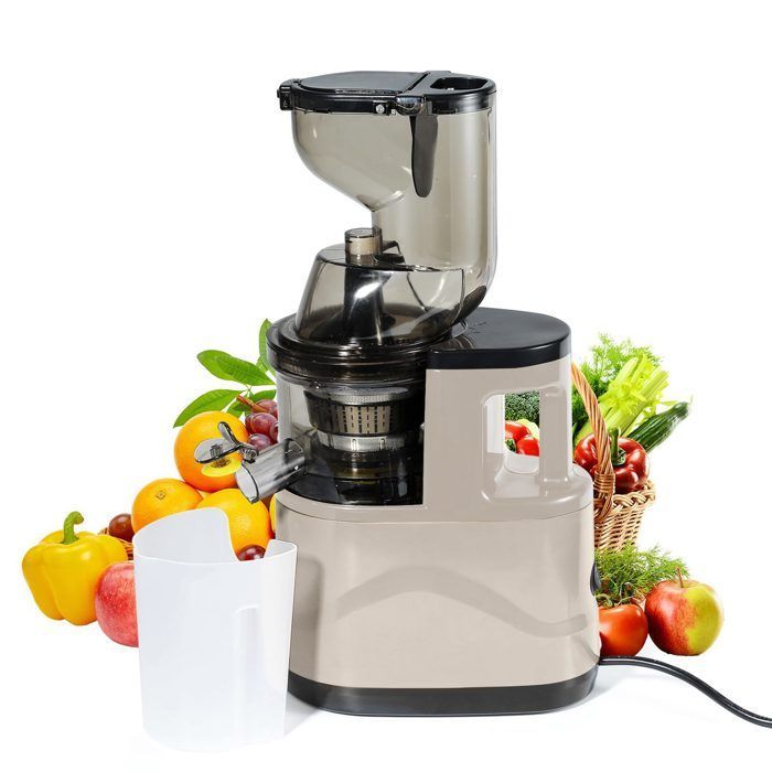 Licuadora de prensado en frío con boca de alimentación ancha de 8 cm para frutas y verduras enteras, doble filtro.