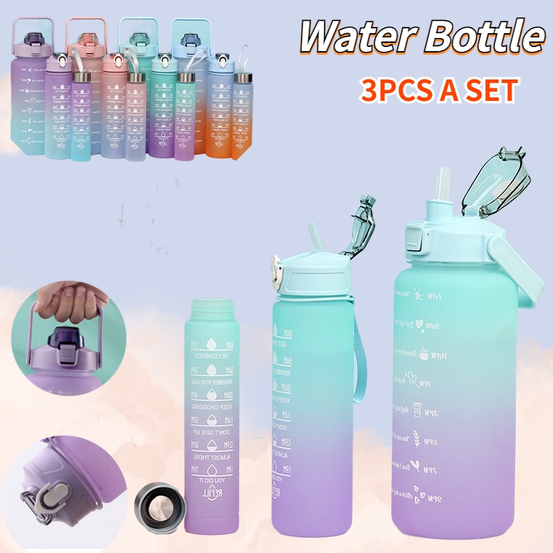 Juego de 3 botellas de agua de gran capacidad para deportes: 2000 ml, 900 ml y 280 ml, con marcador de tiempo. Ideales para actividades al aire libre, viajes y fitness.