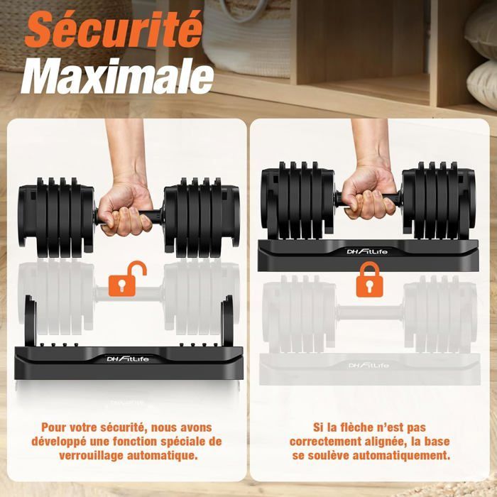 DH FitLife Haltères réglables 12kg, 2,5-12kg, 10 niveaux de poids, set avec disques, 10 en 1