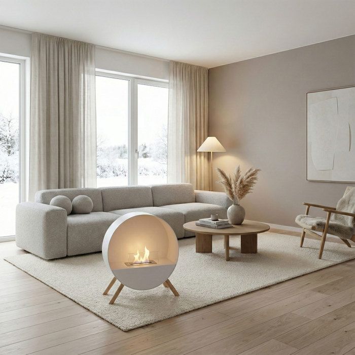 Venere - Chimenea de bioetanol sobre soporte, 60x72x30 cm, con quemador de 1 litro y patas de madera de pino blanco.