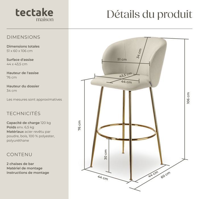 Bar stool - TECTAKE - Set of 2 LUANA velvet-look stools and footrest 51 x 60 x 106 cm - Cream/Gold