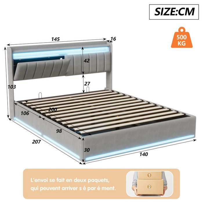 140 x 200 cm storage bed with slatted base, double bed with LED lighting and power strip, storage in the upholstered headboard, 140x200 cm velvet bed