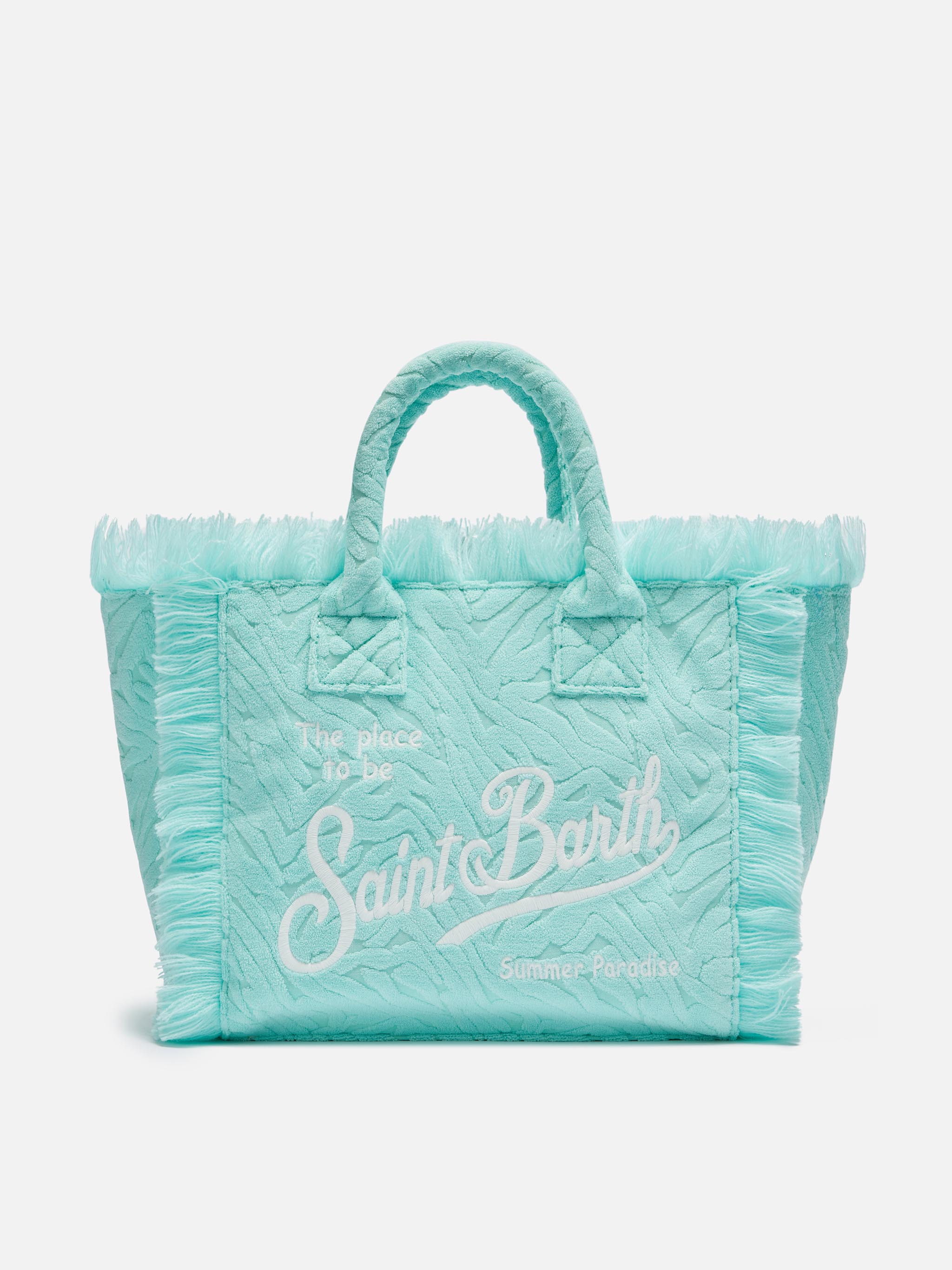 Colette-tas van turquoise badstof met reliëf zebraprint.