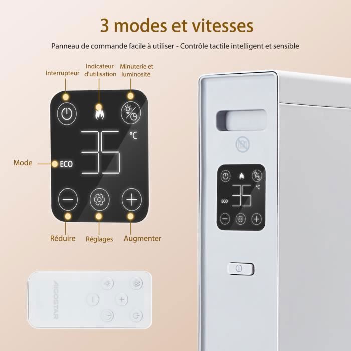 Calefactor de convección de 2000 W, bajo consumo energético, pantalla táctil + mando a distancia, temporizador de 24 horas. 3 niveles de potencia, modo ECO.