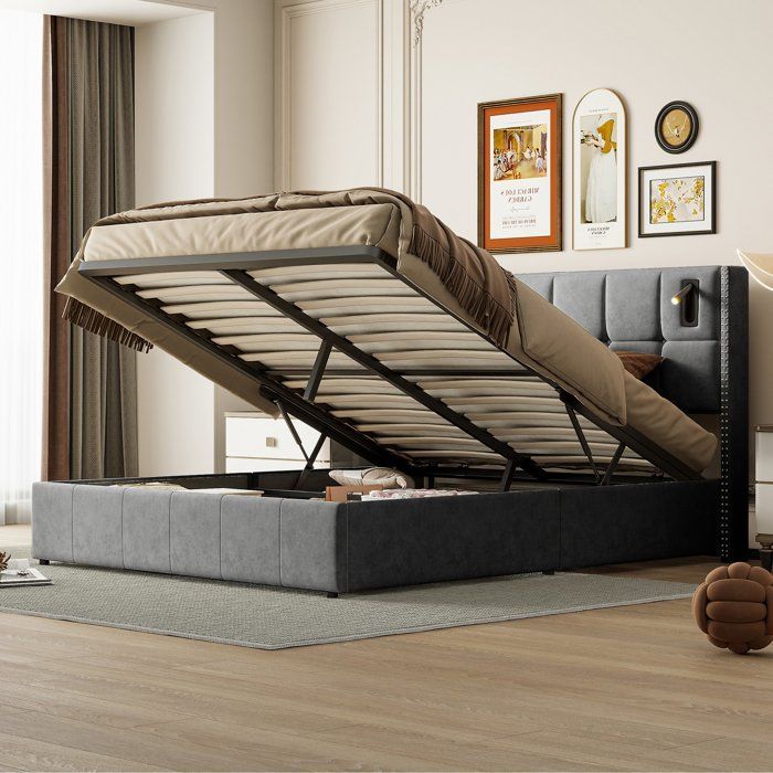 160 x 200 cm Storage Bed with Slatted Base, Double Bed with Reading Lights, 160x200 cm Bed with Slatted Base, Upholstered Grey Velvet Bed