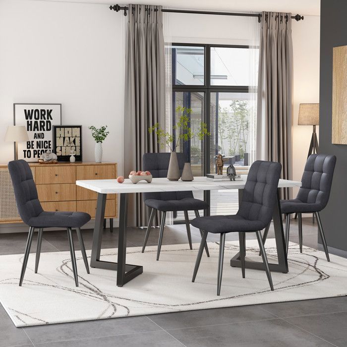 Conjunto de mesa de jantar de 117×68cm com 4 cadeiras - Conjunto moderno de mesa e cadeiras para cozinha/sala de estar - Cadeiras em linho cinza escuro