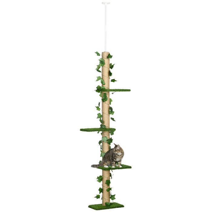 Tiragraffi per gatti - PawHut - regolabile dal pavimento al soffitto, erba artificiale a 4 livelli - morbido - 37x21x202-242 cm - verde