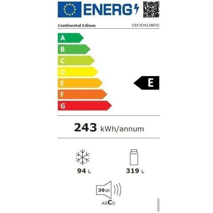 Réfrigérateur congélateur haut - CONTINENTAL EDISON -  413L - Total No Frost(Sans givre)  - inox - L70 cm x H 178 cm