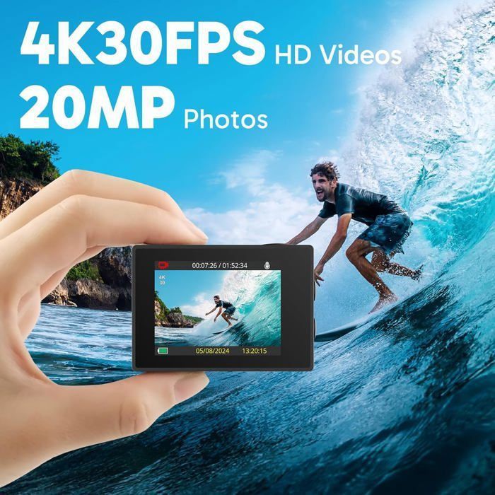 Câmera esportiva AKASO EK7000 4K 30fps 20MP com Wi-Fi, cartão de memória microSDXC de 128GB, câmera de ação 4K à prova d'água até 30 metros, preta